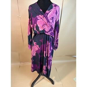 Cabi‎ Purple Floral Print Faux Wrap Long Sleeve Knee-Length Midi Dress Size L